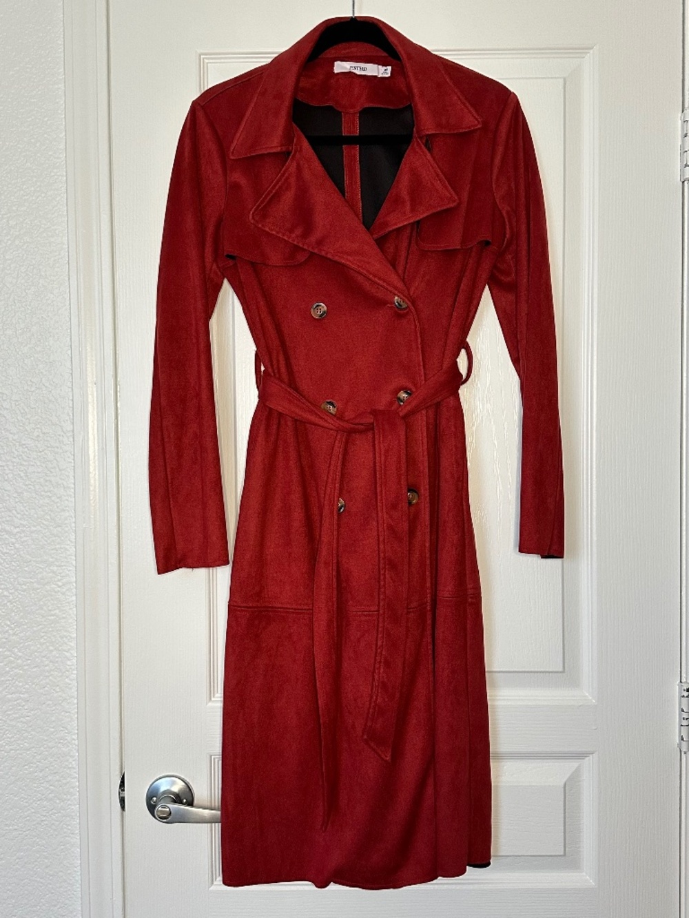 Red Faux Suede Trench Coat by JustFab size XS